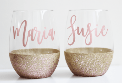 Personalized glittered stemless set of two wine glasses | Bestie gifts