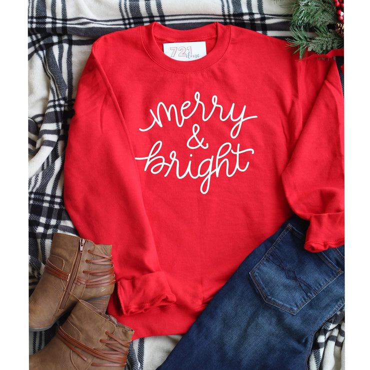 Merry and Bright Red Christmas Crew neck boyfriend style sweatshirt