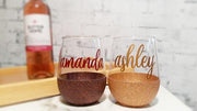Personalized glittered stemless set of two wine glasses | Bestie gifts