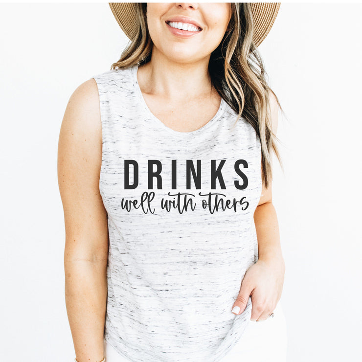 Drinks well with others white marble muscle tank with black lettering