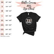 size chart to left with black t-shirt to right with 721 done logo on center of shirt