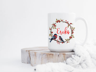 Personalized name coffee mug with cardinal birds - wreath | Coffee Mug