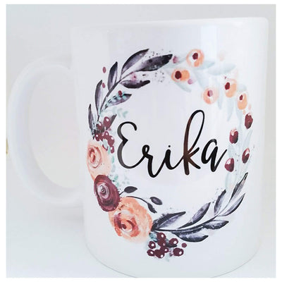 11 oz or 15 oz Personalized coffee mug with name inside floral wreath - 721 Done