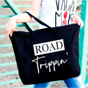 Road Trippin' large custom black canvas zipper tote bag for women