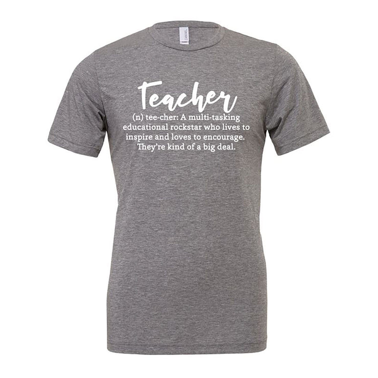 Teacher definition in white on grey t shirt