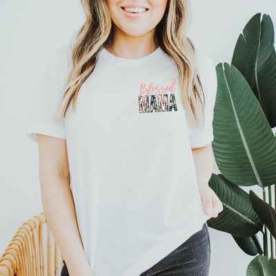 Blessed Mama Floral print pocket logo white tee