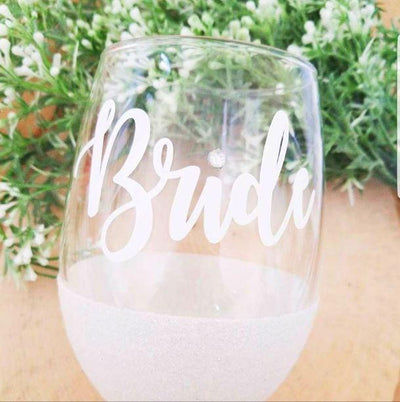 Stemless wine glass for Brides glittered with rhinestone accent