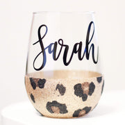 Cheetah Print personalized glitter stemless wine glass with name 21 oz - 721 Done