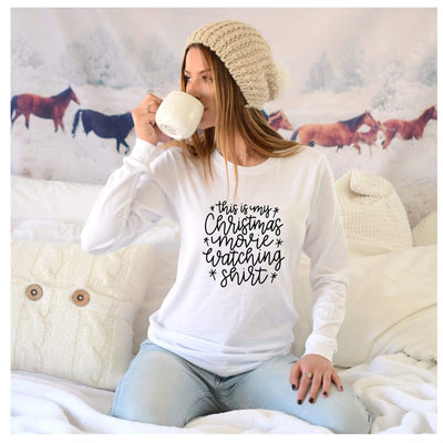 Christmas movie watching long sleeve white shirt for women holiday tee - 721 Done