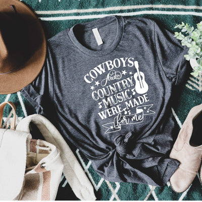 cowboys and country music were made for me concert festival t shirt in charcoal grey