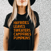 Fall Favorites Tee - Hayrides Leaves Sweaters Campfires Pumpkins - 721 Done