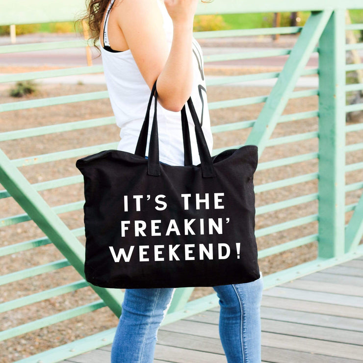 its the freakin weekend black large tote bag 