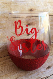 big sister red glittered wine glass stemless