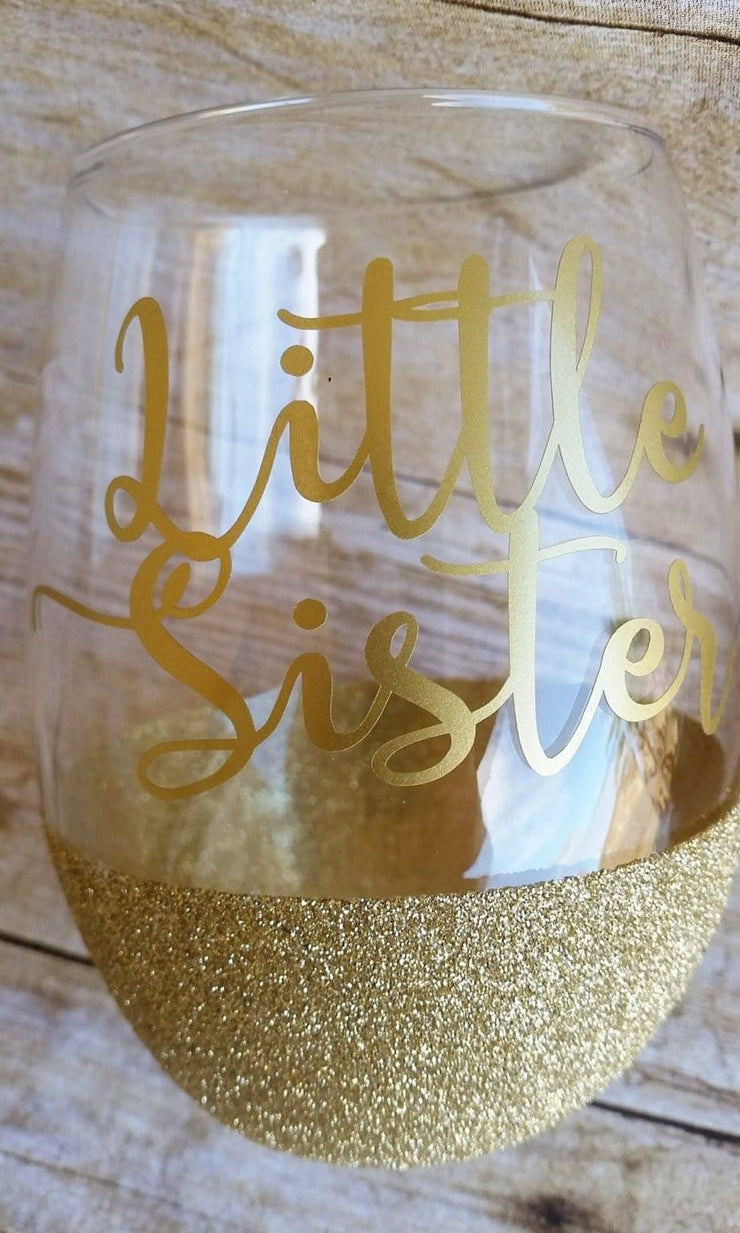 little sister gold glittered wine glass stemless