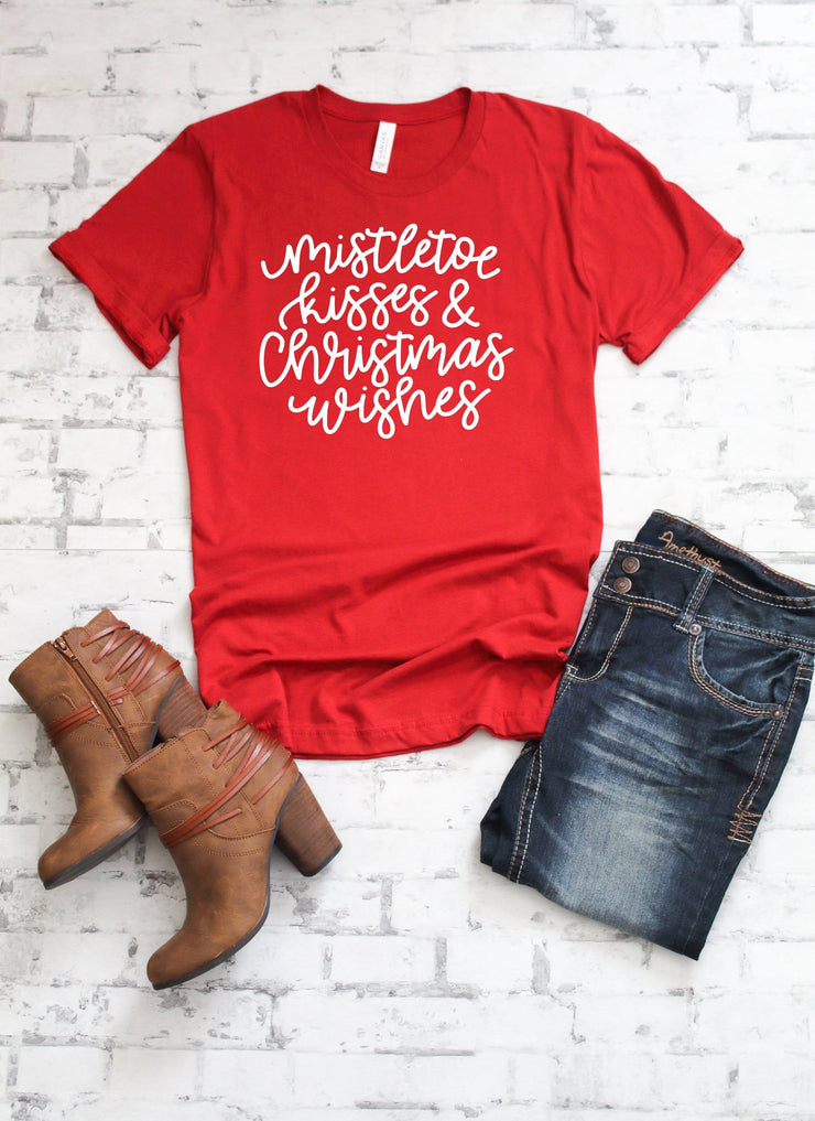 Mistletoe kisses and Christmas wishes womens T shirt - shirts with holiday sayings - Christmas Tees