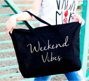 Weekend Vibes large custom zippered canvas black tote bag for women