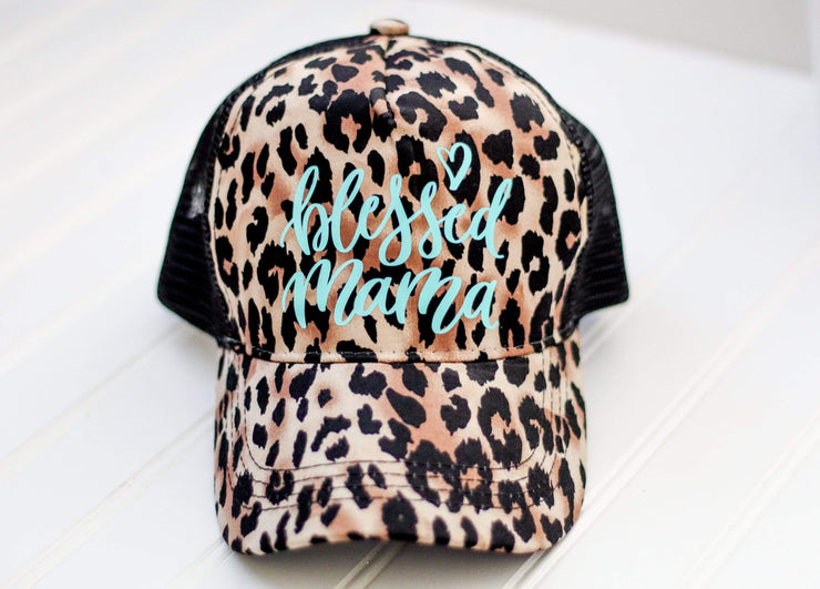 Blessed Mama Leopard Hat - Turquoise Mint and Leopard - Leopard print trucker hat - Animal Print - Western Hat - Cheetah - Snap back hats - 721 Done