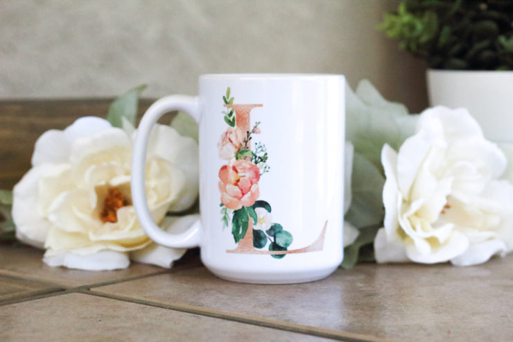 Monogram initial coffee mug with flowers - Personalized Mug with quote