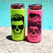 skinny can cooler neon green hot pink with skull in his and hers