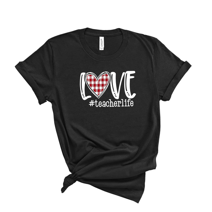 Love Teacher Life Buffalo plaid heart Valentines Day Teacher T shirts