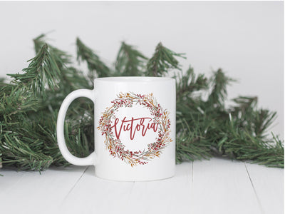 Personalized Holiday Wreath mug with name