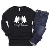 Merry Christmas plaid christmas tree set long sleeve black t shirt