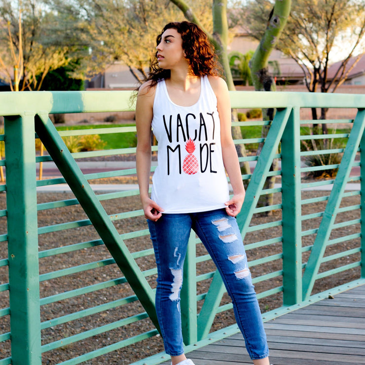 Vacay Mode Racerback White Tank Top | vacation apparel for her|721done