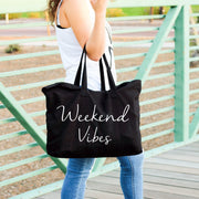 Weekend Vibes large custom zippered canvas black tote bag for women
